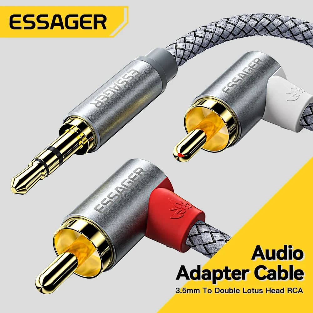 Kabel audio z wtyczką jack 3,5 mm pod kątem 90° na dwa wtyki RCA męskie