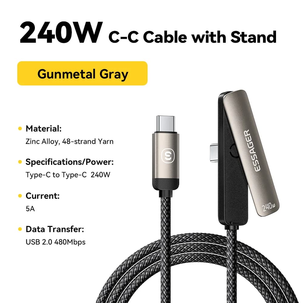 Kabel USB-C 2 w 1 z łokciem i stojakiem na telefon, 7A