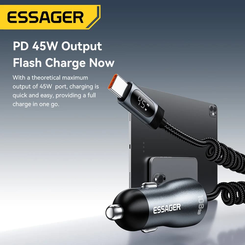 Ładowarka samochodowa 108W z USB-C, USB-A i kablem sprężynowym