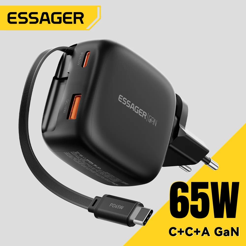Ładowarka GaN 65W z wyciąganym kablem USB-C 3 w 1