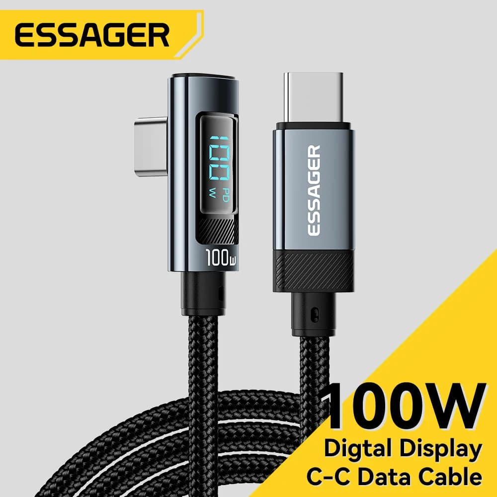 Kabel USB-C 100W 5A pod kątem 90-stopni z wyświetlaczem LED