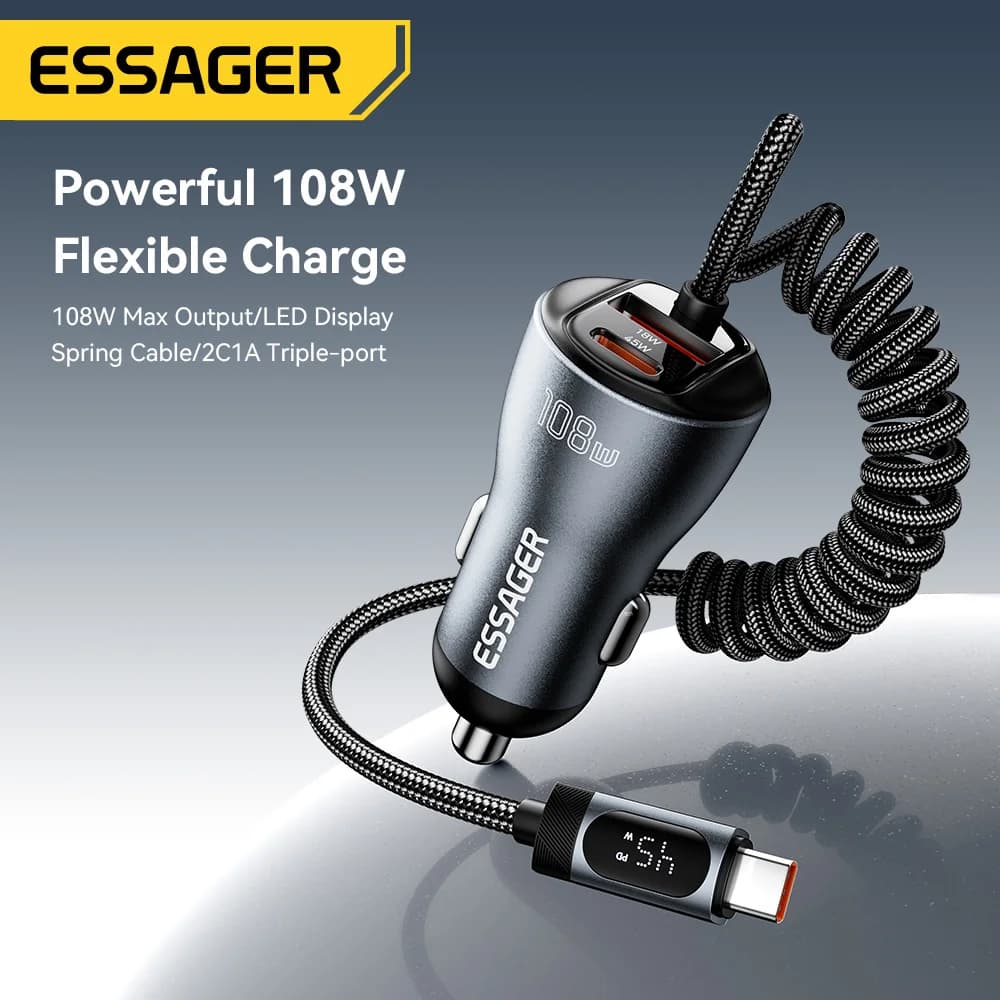 Ładowarka samochodowa 108W z USB-C, USB-A i kablem sprężynowym